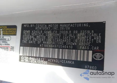 2007 Toyota Camry Le из США, поврежденный, VIN 4T1BE46K67U546410